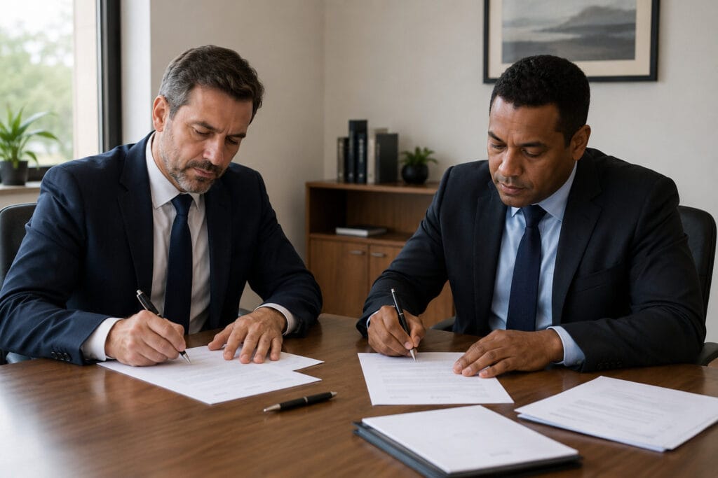 Sócios assinando distrato social para encerramento de empresa LTDA com orientação de contador