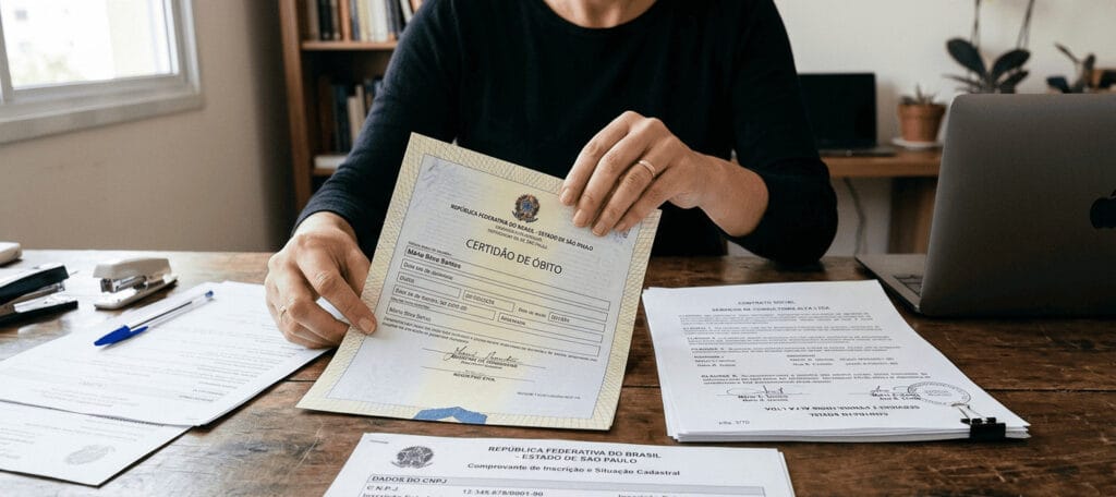 Documentos necessários para dar baixa no CNPJ com sócio falecido: certidão de óbito e contrato social