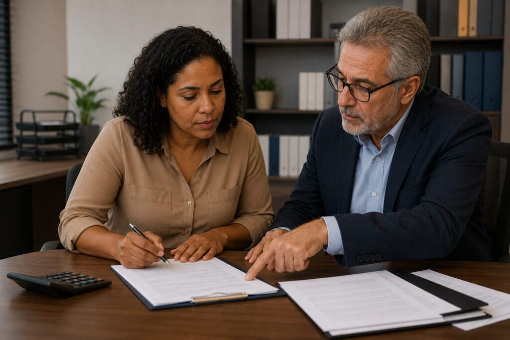 Sócios assinando distrato social para encerramento de empresa LTDA com orientação de contador