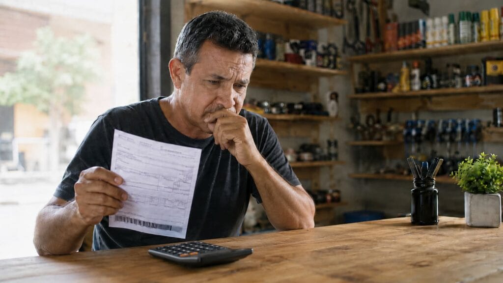 Microempreendedor analisando boleto de DAS atrasado antes de decidir pela baixa do MEI