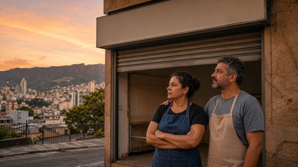 Casal de empreendedores em frente a loja fechada em Belo Horizonte após encerramento de empresa