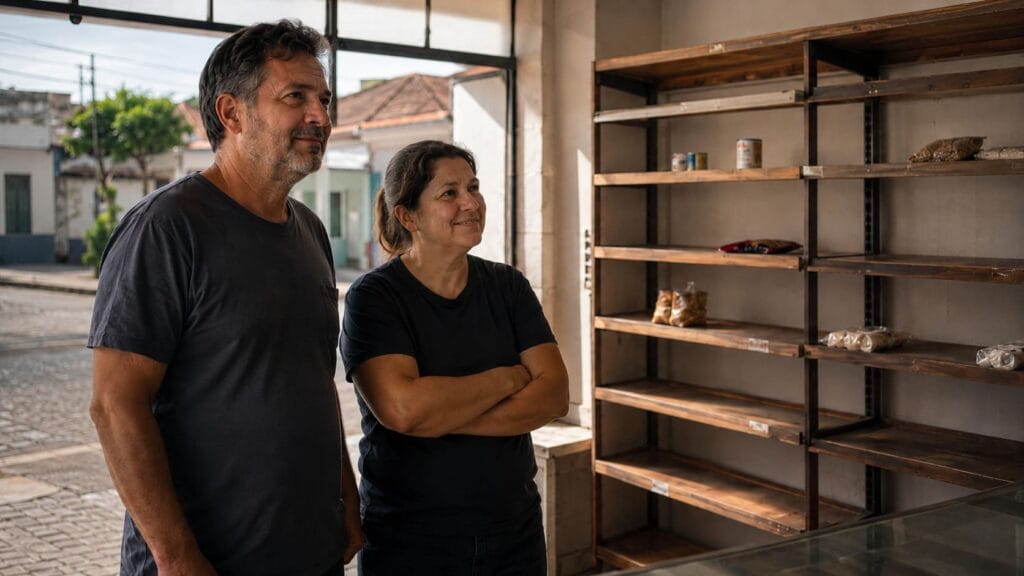 Comerciantes tristes fechando loja de comércio local em Porto Alegre durante processo de baixa de CNPJ