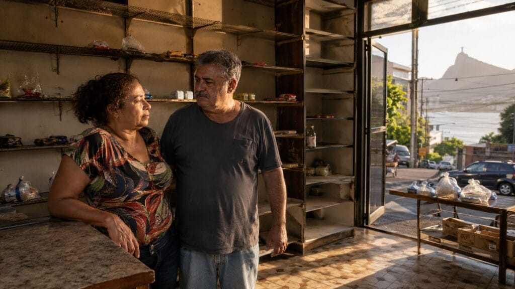 Casal de comerciantes olhando com tristeza para as prateleiras quase vazias da própria loja no Rio de Janeiro antes de baixar o CNPJ