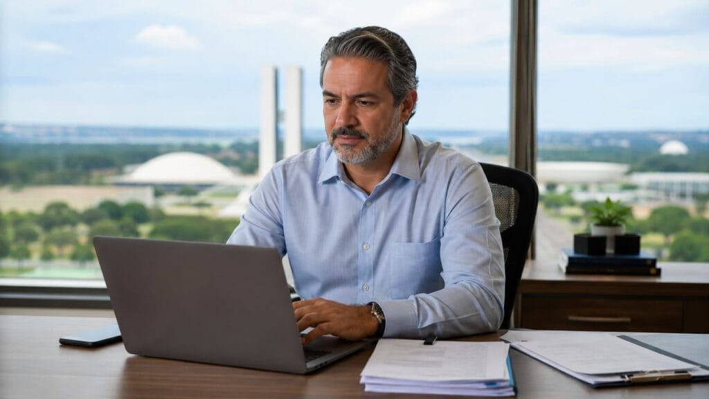 Empreendedor analisando documentos para baixar CNPJ em Brasília Foco: Discover do Google — proporção 16:9, boa iluminação, rosto humano real e expressivo