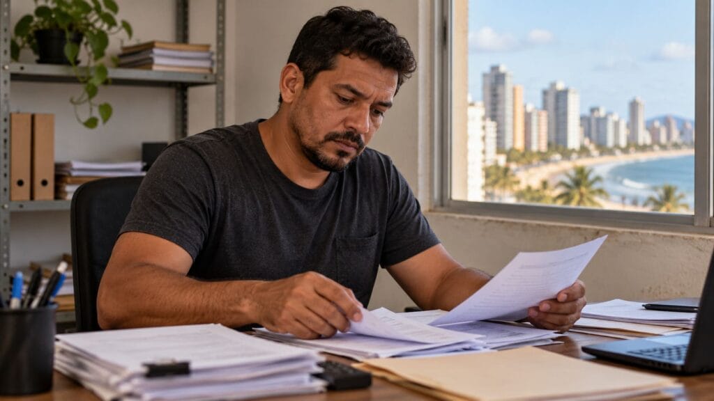 Contador organizando documentos para o processo de baixa do CNPJ em Fortaleza