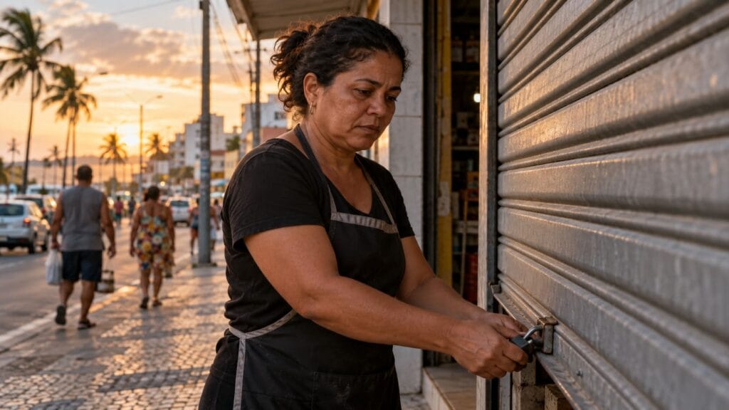 Lojista fechando o comércio ao entardecer em Fortaleza após baixa do CNPJ