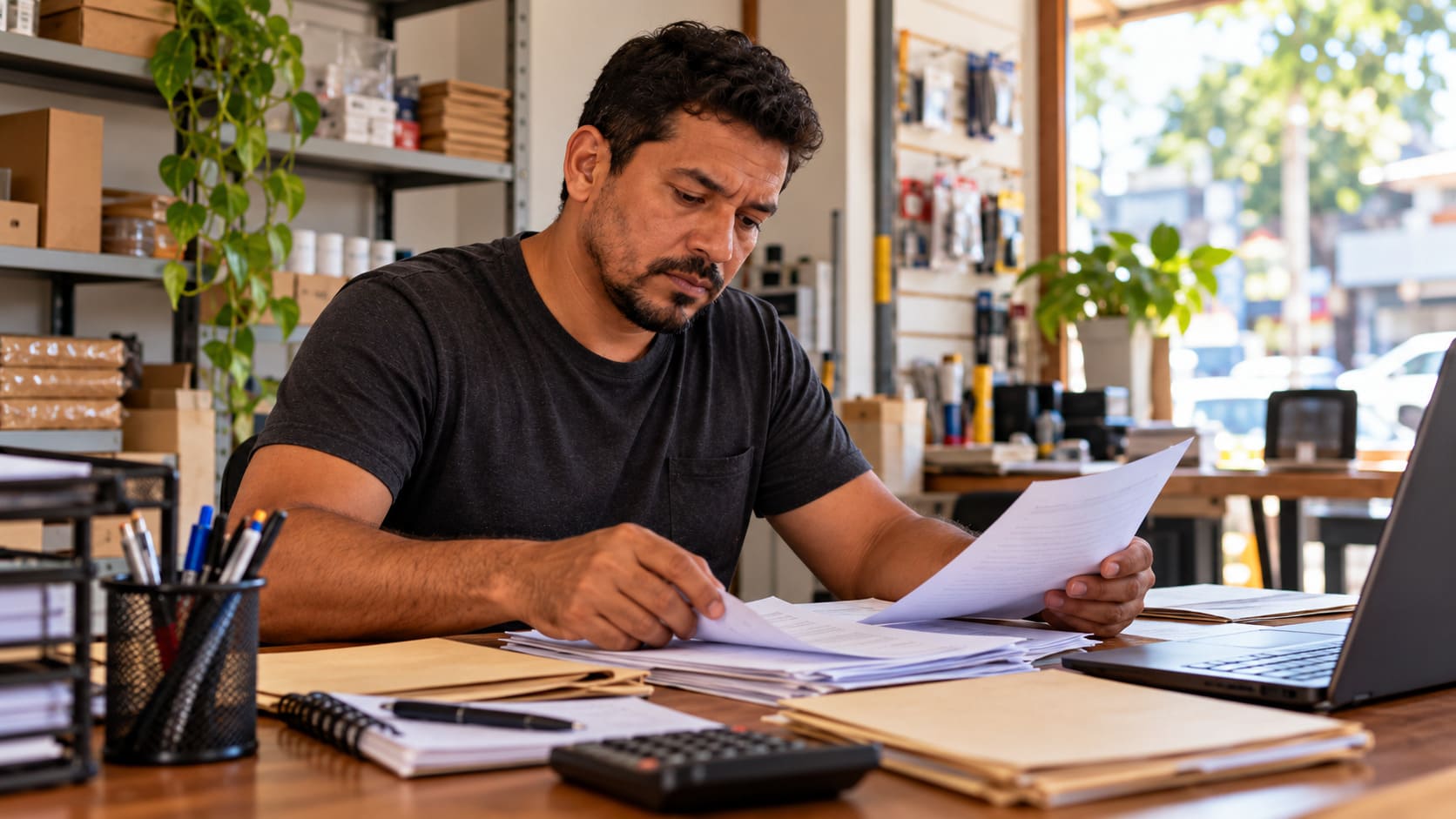 Empresário revisando documentos em comércio local, representando a baixa de CNPJ em Juazeiro do Norte