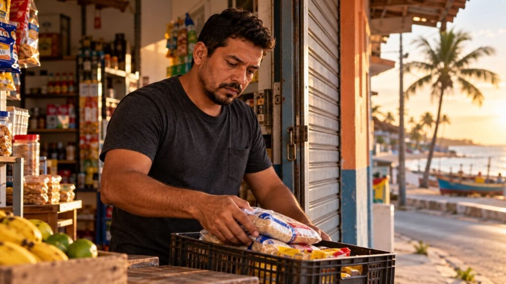 Comerciante organizando mercadorias em loja de bairro em Caucaia, no Ceará
