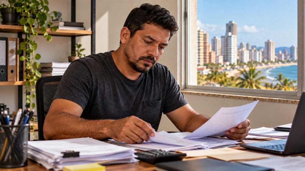 Empresário analisando documentos no escritório, com vista da orla, representando a baixa de CNPJ em Caucaia
